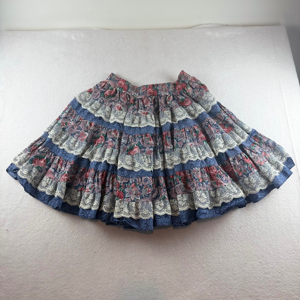 Vintage Square Up Fashions Prairie Skirt Floral Lace Tiered Blue Pink USA Made